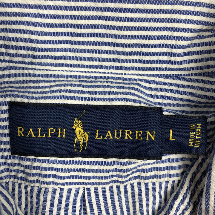 Ralph Lauren Seersucker Short Sleeve Button-Down Striped Shirt, Men's Size L cotton navy blue type Vintage Second Hand
