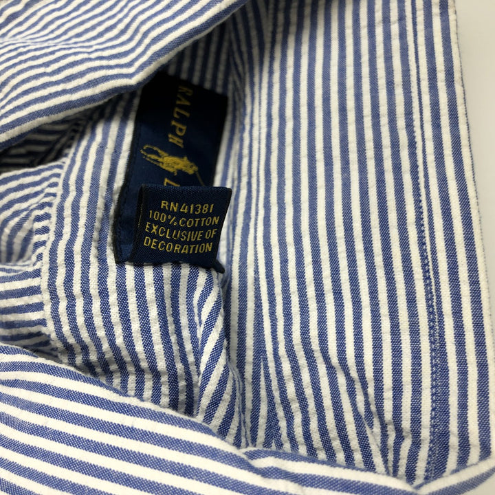 Ralph Lauren Seersucker Short Sleeve Button-Down Striped Shirt, Men's Size L cotton navy blue type Vintage Second Hand