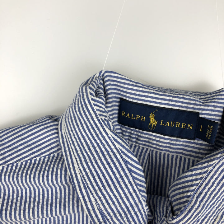 Ralph Lauren Seersucker Short Sleeve Button-Down Striped Shirt, Men's Size L cotton navy blue type Vintage Second Hand