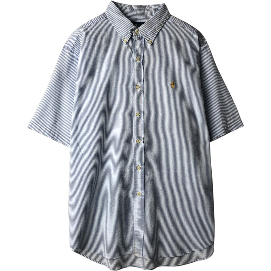 2000'S Ralph Lauren CLASSIC FIT Stripe Pattern Short-Sleeve Button-Down Stripe Shirt, Men's Size XL (approx.) cotton Blue type light blue Vintage Second Hand
