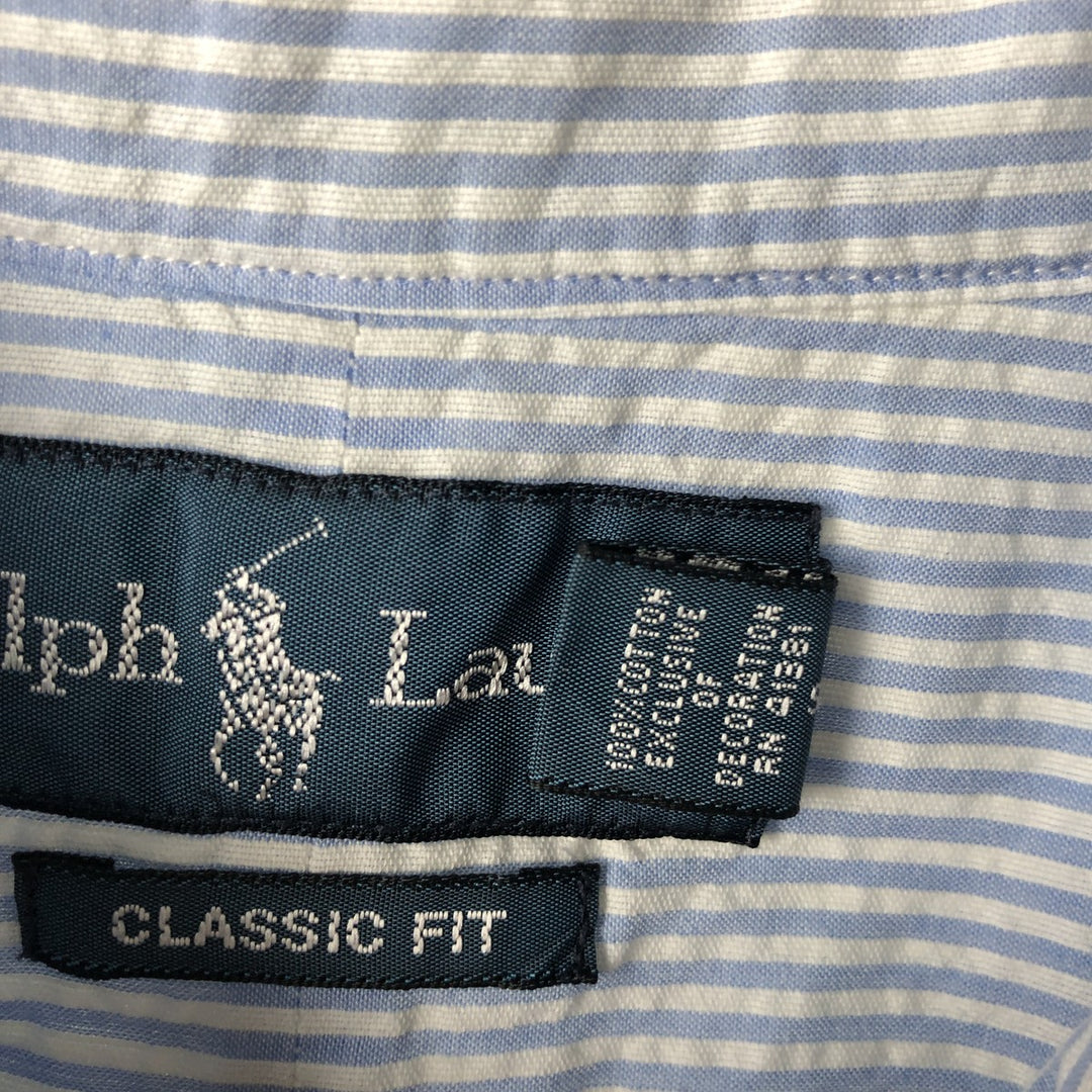 2000'S Ralph Lauren CLASSIC FIT Stripe Pattern Short-Sleeve Button-Down Stripe Shirt, Men's Size XL (approx.) cotton Blue type light blue Vintage Second Hand