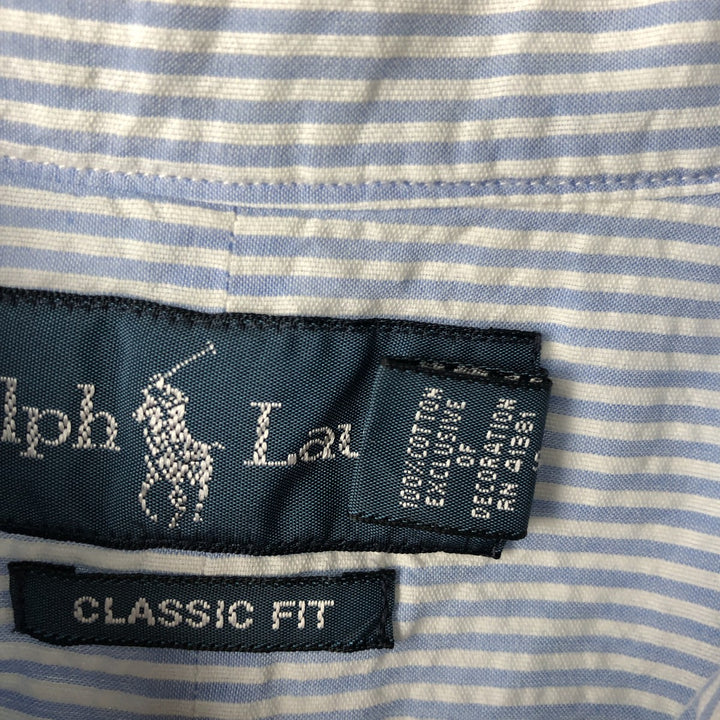 2000'S Ralph Lauren CLASSIC FIT Stripe Pattern Short-Sleeve Button-Down Stripe Shirt, Men's Size XL (approx.) cotton Blue type light blue Vintage Second Hand