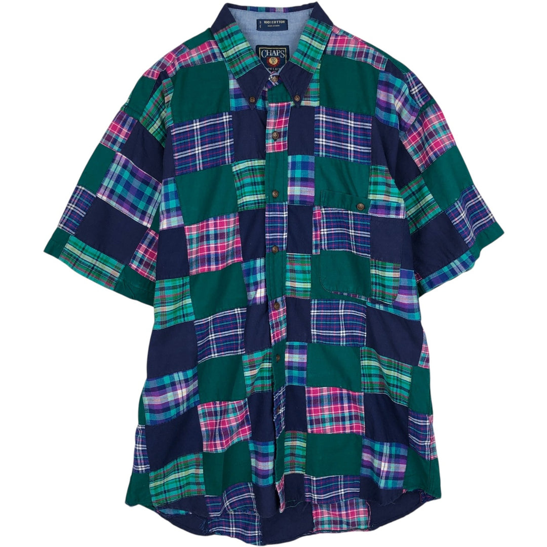 1980'S Ralph Lauren CHAPS Patchwork Short-Sleeve Button-Down Check Shirt, Men's Size L (Equivalent), Vintage cotton navy blue type Vintage Second Hand