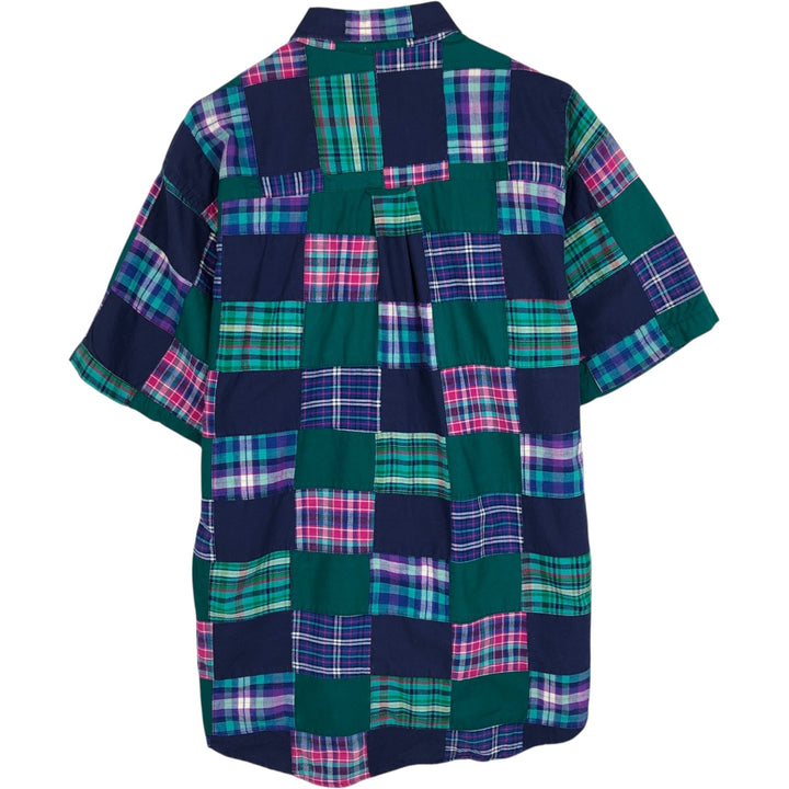 1980'S Ralph Lauren CHAPS Patchwork Short-Sleeve Button-Down Check Shirt, Men's Size L (Equivalent), Vintage cotton navy blue type Vintage Second Hand