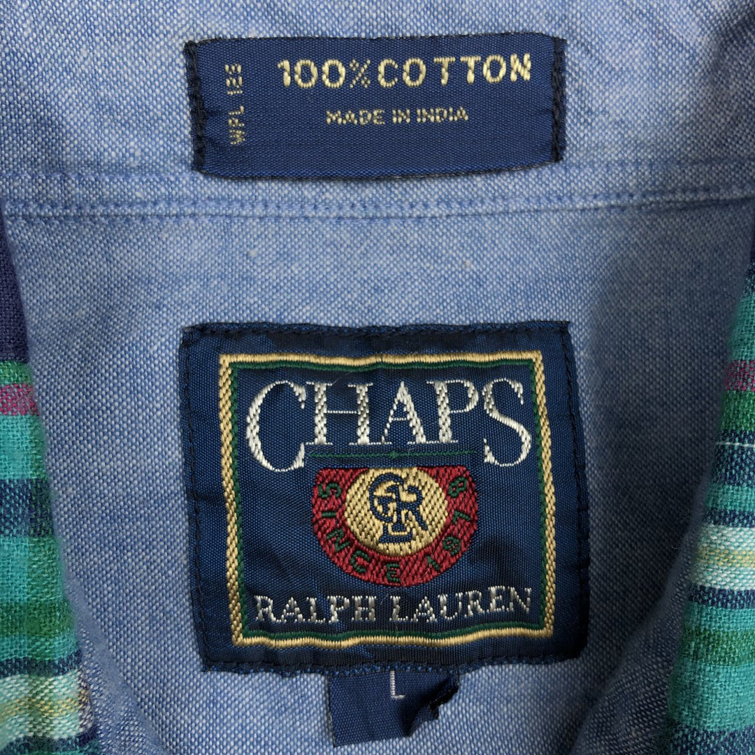1980'S Ralph Lauren CHAPS Patchwork Short-Sleeve Button-Down Check Shirt, Men's Size L (Equivalent), Vintage cotton navy blue type Vintage Second Hand