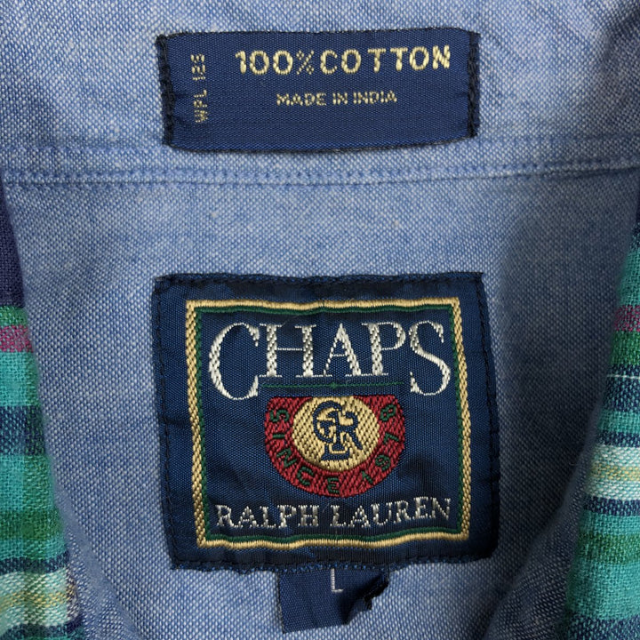 1980'S Ralph Lauren CHAPS Patchwork Short-Sleeve Button-Down Check Shirt, Men's Size L (Equivalent), Vintage cotton navy blue type Vintage Second Hand