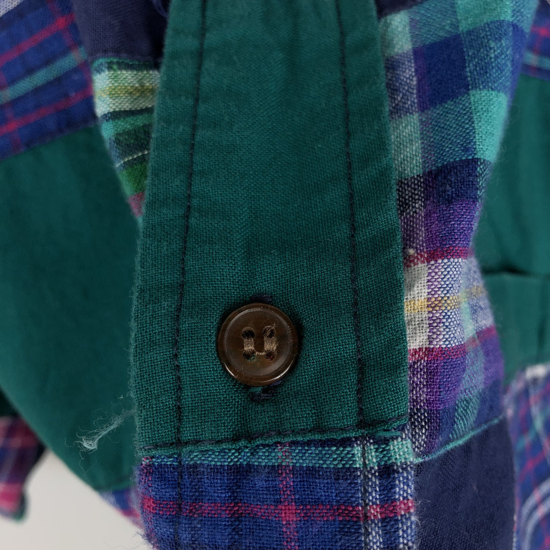 1980'S Ralph Lauren CHAPS Patchwork Short-Sleeve Button-Down Check Shirt, Men's Size L (Equivalent), Vintage cotton navy blue type Vintage Second Hand