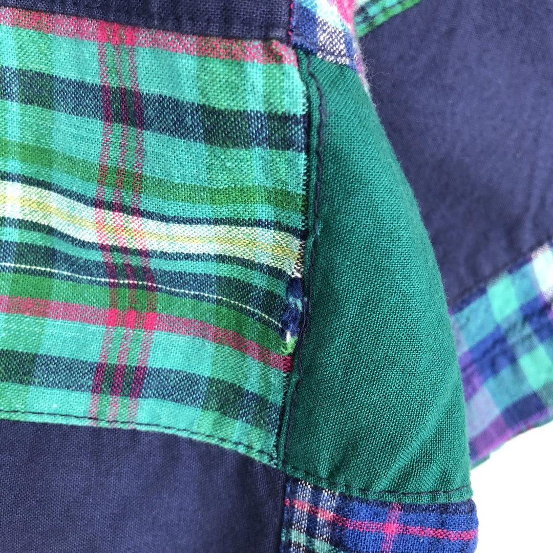 1980'S Ralph Lauren CHAPS Patchwork Short-Sleeve Button-Down Check Shirt, Men's Size L (Equivalent), Vintage cotton navy blue type Vintage Second Hand