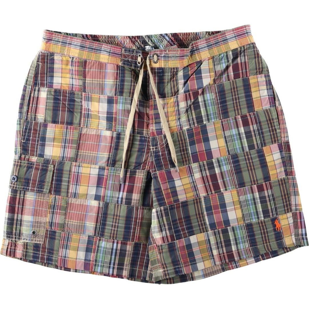 Ralph Lauren POLO by Ralph Lauren Check Pattern Patchwork Swim Shorts (Men's Size L) cotton red type Vintage Second Hand