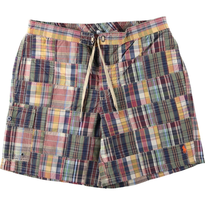 Ralph Lauren POLO by Ralph Lauren Check Pattern Patchwork Swim Shorts (Men's Size L) cotton red type Vintage Second Hand