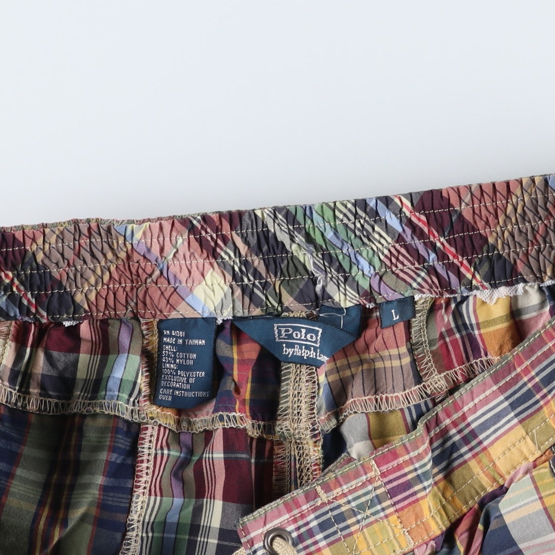 Ralph Lauren POLO by Ralph Lauren Check Pattern Patchwork Swim Shorts (Men's Size L) cotton red type Vintage Second Hand