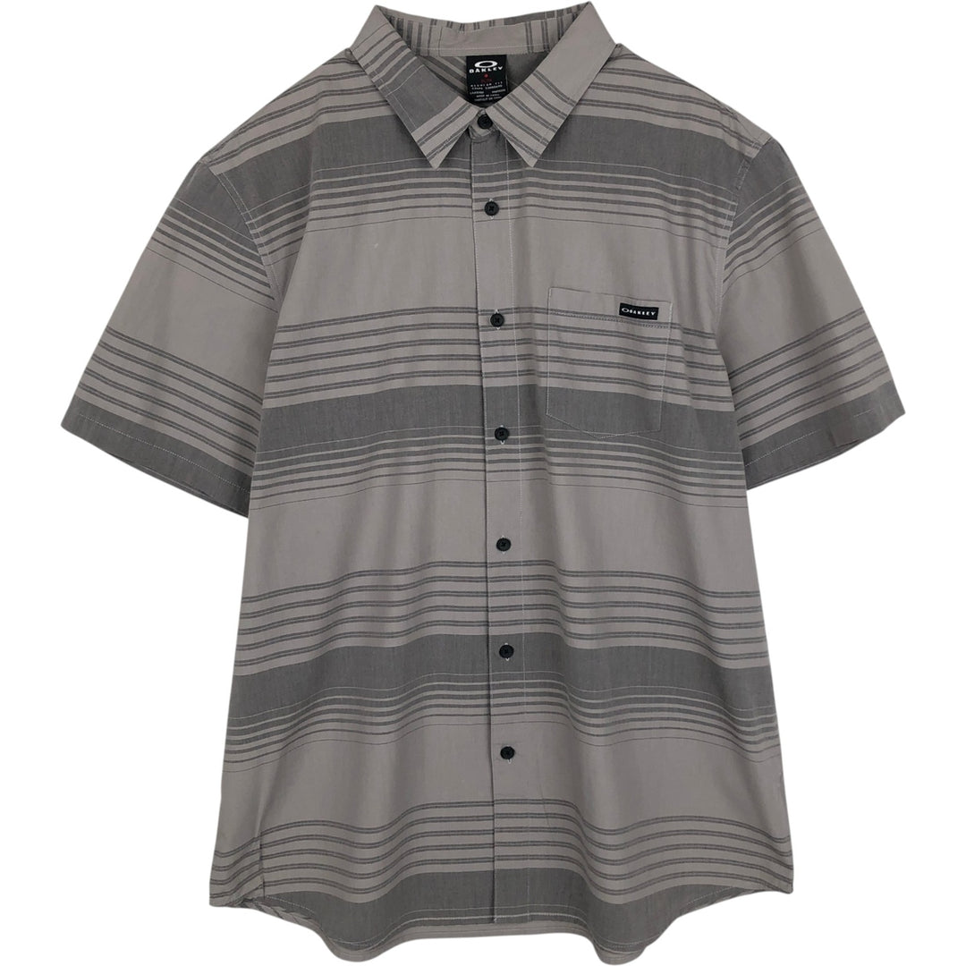Oakley Regular Fit Logo Patch Short-Sleeve Cotton Striped Shirt (Men's Size XL) cotton gray type Vintage Second Hand