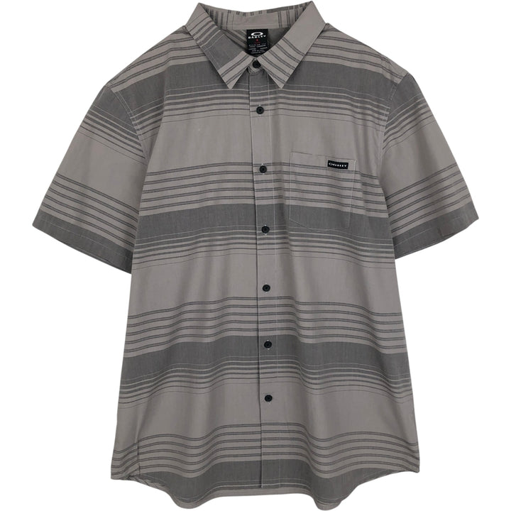 Oakley Regular Fit Logo Patch Short-Sleeve Cotton Striped Shirt (Men's Size XL) cotton gray type Vintage Second Hand