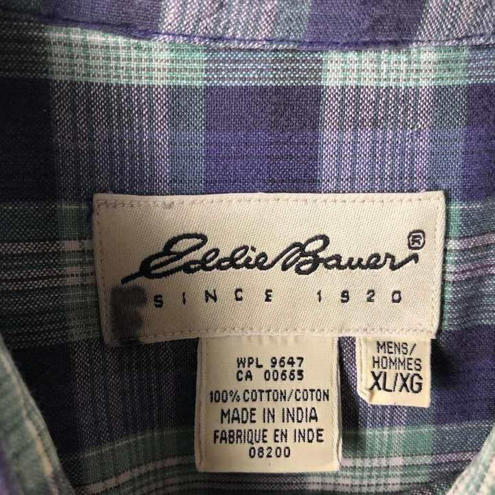 Eddie Bauer short sleeve button down check shirt, men's XL size cotton navy blue type Vintage Second Hand