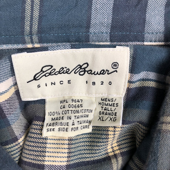 1990'S Eddie Bauer Short-Sleeve Button-Down Check Shirt, Men's Size XL (Equivalent), Vintage cotton blue type Vintage Second Hand
