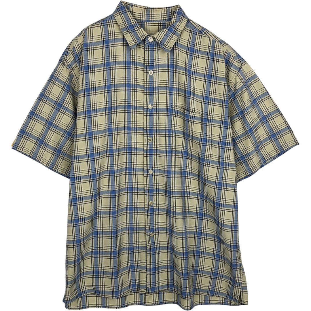 2000'S Eddie Bauer Short-Sleeve Cotton Check Shirt, Boxy Shirt, Men's Size L (approx.) cotton Beige type Vintage Second Hand