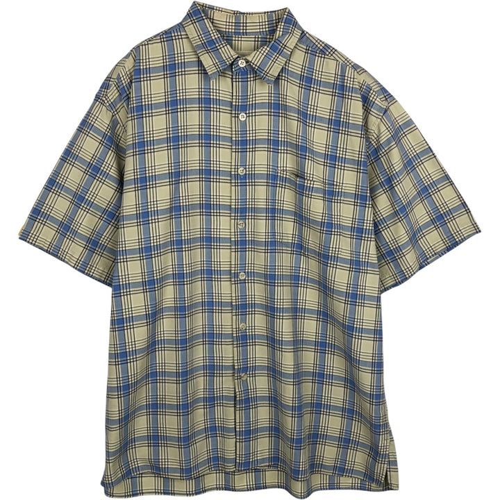 2000'S Eddie Bauer Short-Sleeve Cotton Check Shirt, Boxy Shirt, Men's Size L (approx.) cotton Beige type Vintage Second Hand