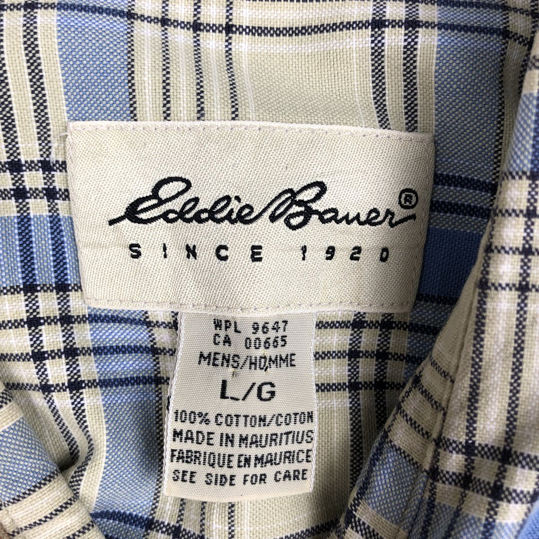 2000'S Eddie Bauer Short-Sleeve Cotton Check Shirt, Boxy Shirt, Men's Size L (approx.) cotton Beige type Vintage Second Hand
