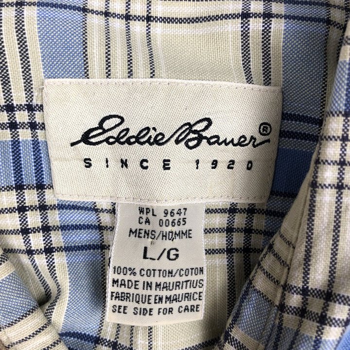 2000'S Eddie Bauer Short-Sleeve Cotton Check Shirt, Boxy Shirt, Men's Size L (approx.) cotton Beige type Vintage Second Hand