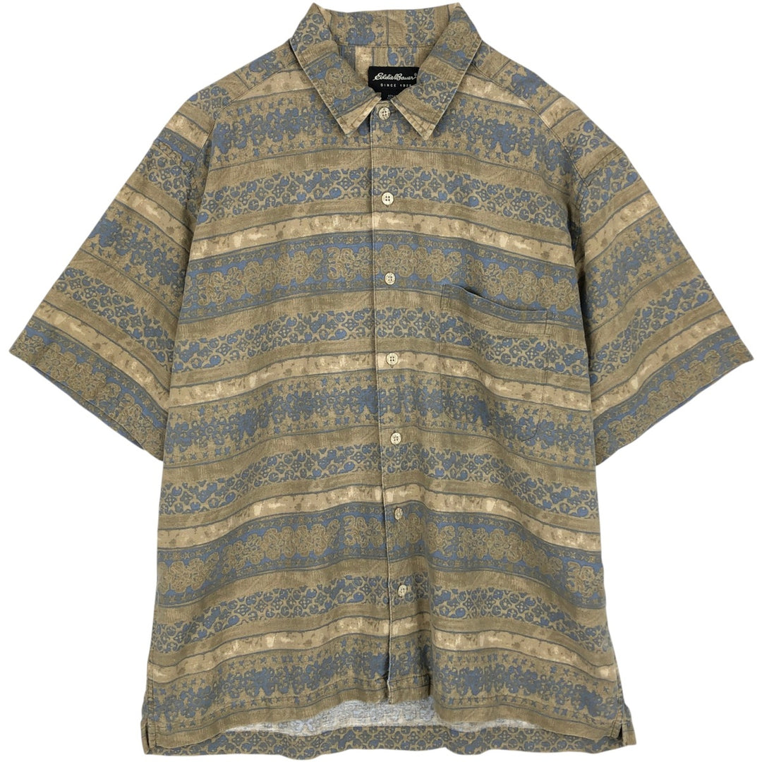 2000'S Eddie Bauer all-over print short-sleeved linen shirt, boxy fit, men's size L (approx.) linen green type Vintage Second Hand