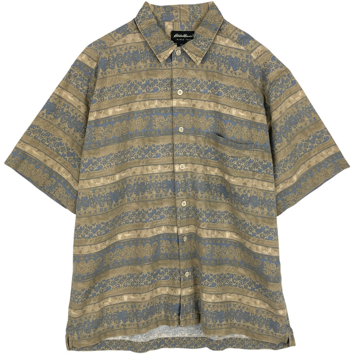 2000'S Eddie Bauer all-over print short-sleeved linen shirt, boxy fit, men's size L (approx.) linen green type Vintage Second Hand
