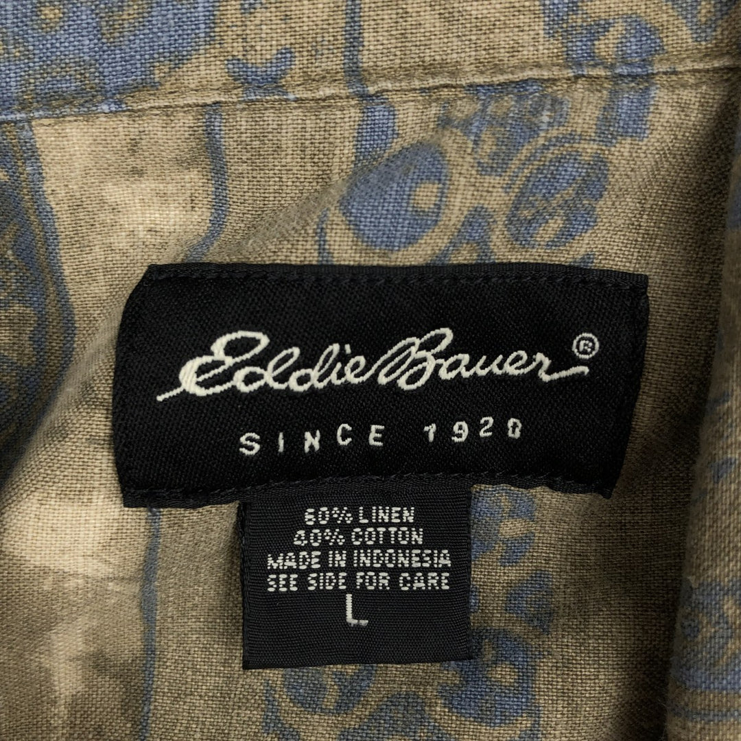 2000'S Eddie Bauer all-over print short-sleeved linen shirt, boxy fit, men's size L (approx.) linen green type Vintage Second Hand
