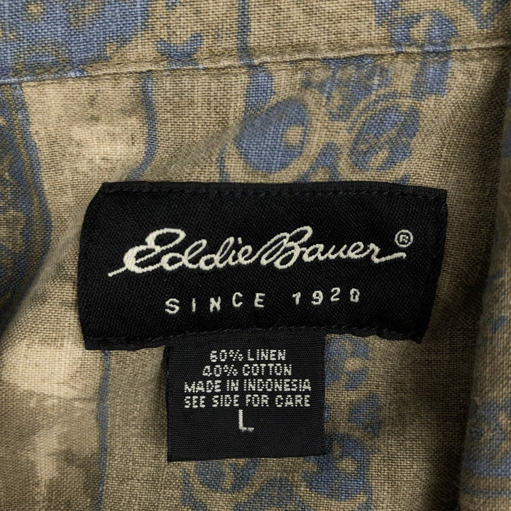 2000'S Eddie Bauer all-over print short-sleeved linen shirt, boxy fit, men's size L (approx.) linen green type Vintage Second Hand
