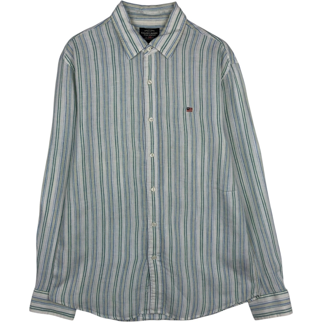 Ralph Lauren Jeans Company Stripe Pattern Long-Sleeve Linen Button-Down Shirt, Men's Size L (approx.) linen white type Vintage Second Hand