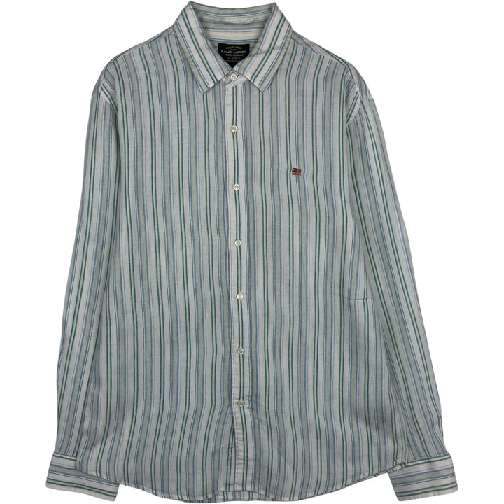 Ralph Lauren Jeans Company Stripe Pattern Long-Sleeve Linen Button-Down Shirt, Men's Size L (approx.) linen white type Vintage Second Hand