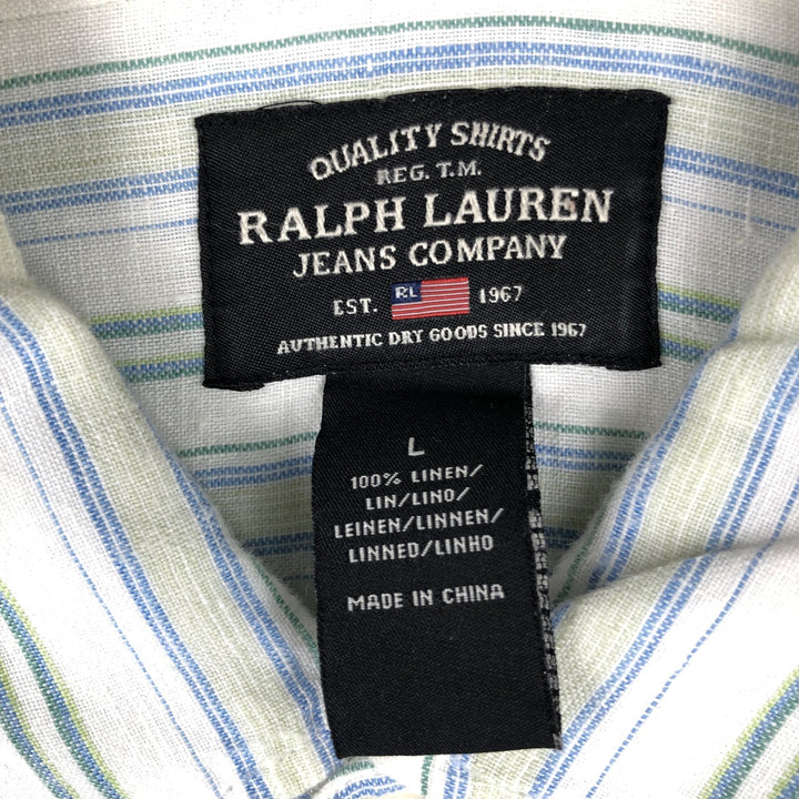 Ralph Lauren Jeans Company Stripe Pattern Long-Sleeve Linen Button-Down Shirt, Men's Size L (approx.) linen white type Vintage Second Hand