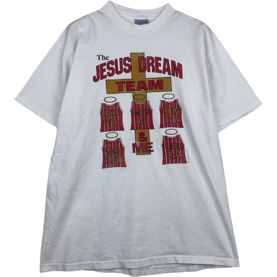 90'S All Sport MAX WEIGHT JESUS DREAM TEAM parody print T-shirt, Made in USA, Men's XL equivalent. cotton white type Vintage Second Hand
