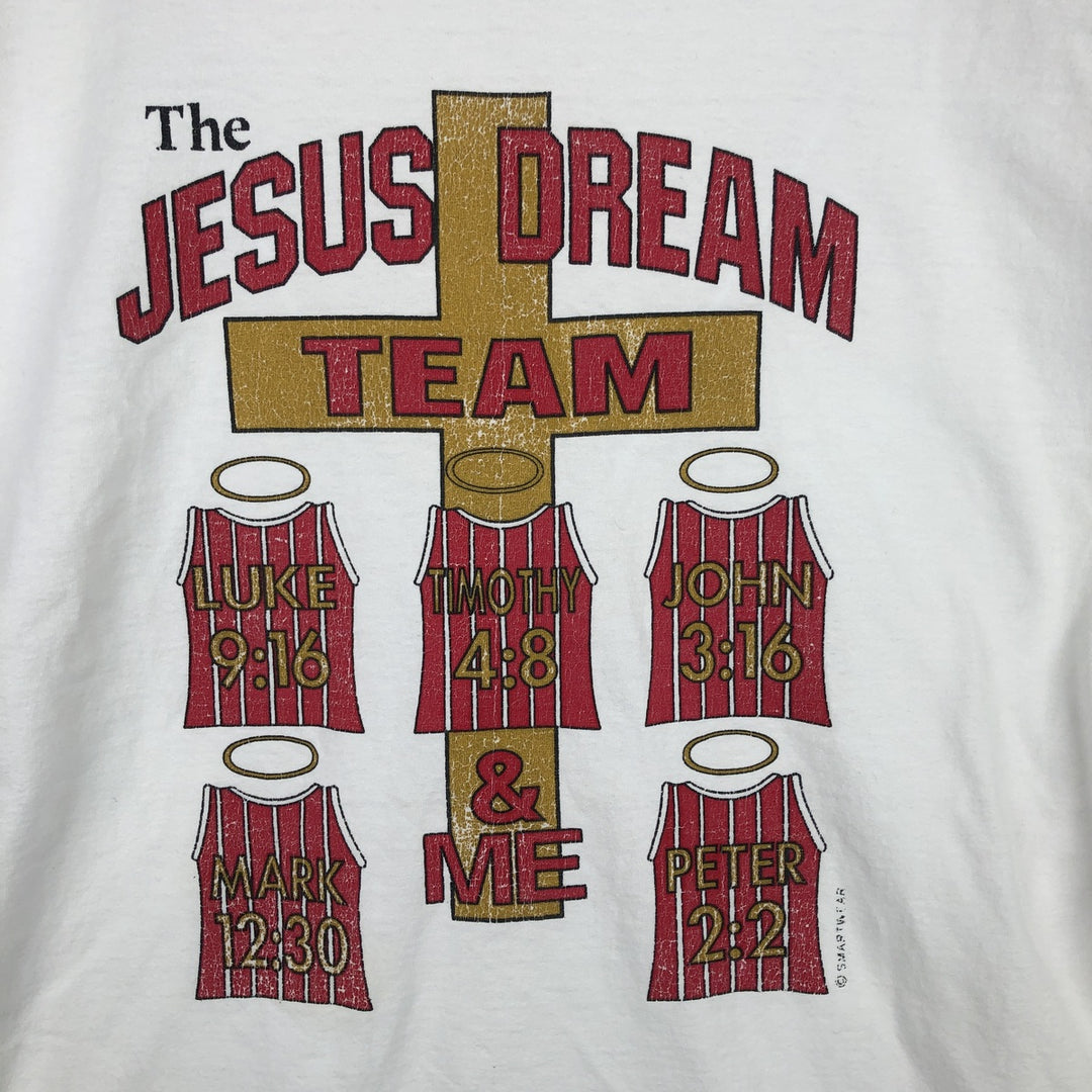 90'S All Sport MAX WEIGHT JESUS DREAM TEAM parody print T-shirt, Made in USA, Men's XL equivalent. cotton white type Vintage Second Hand
