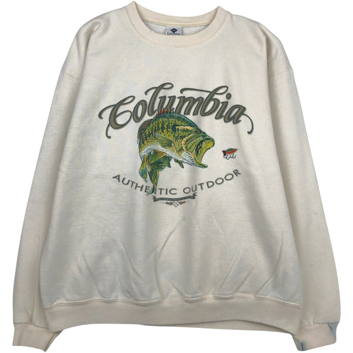 Columbia fish print sweatshirt, men's size XL (approx.) cotton pale white type Vintage Second Hand