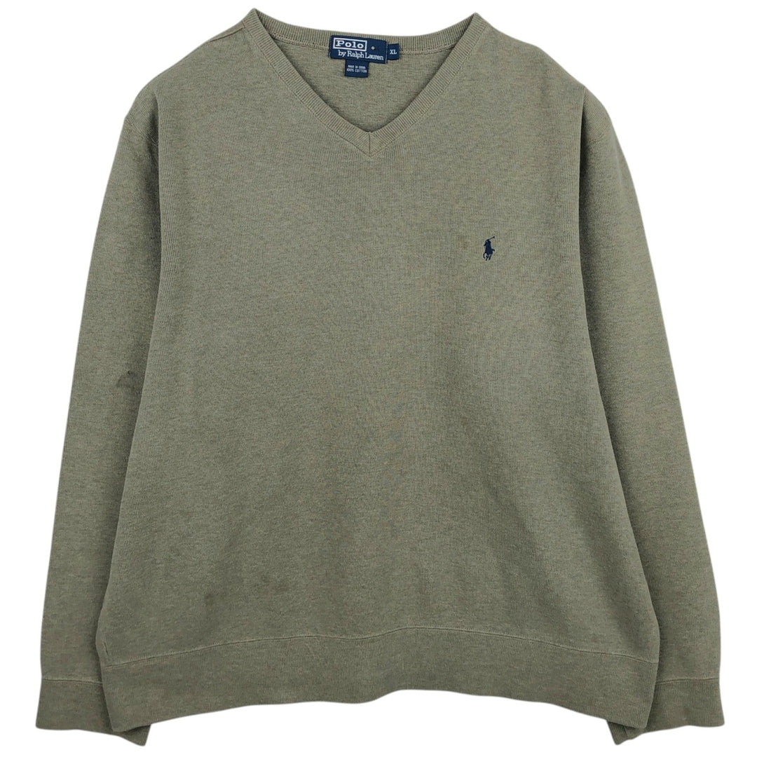 Ralph Lauren POLO by Ralph Lauren V-neck sweatshirt with logo, men's size XL (approx.) cotton Khaki type sage green Vintage Second Hand