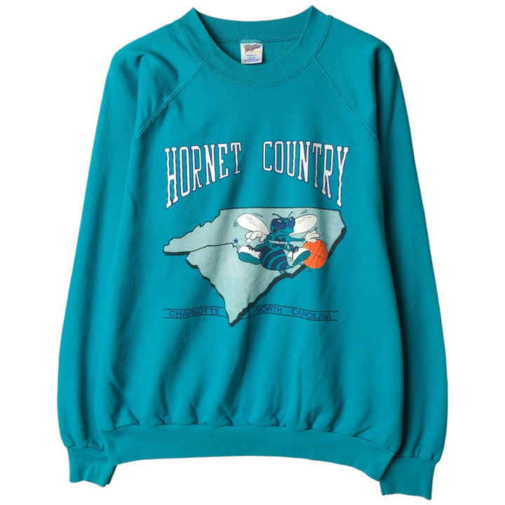 80'S TRENCH Charlotte Hornets Print Sweatshirt, Made in USA, Men's Size L (Equivalent), Vintage polyester turquoise blue Vintage Second Hand