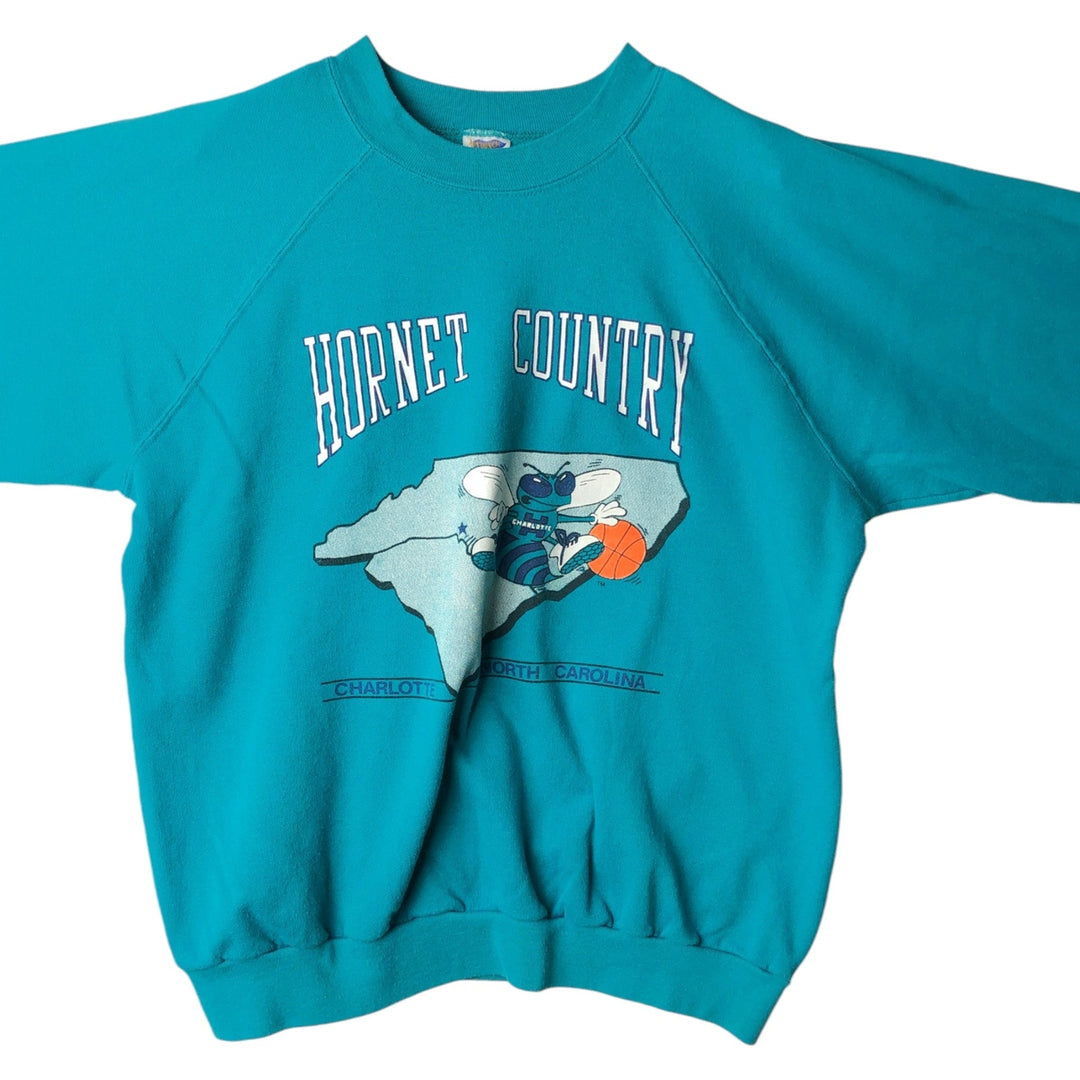 80'S TRENCH Charlotte Hornets Print Sweatshirt, Made in USA, Men's Size L (Equivalent), Vintage polyester turquoise blue Vintage Second Hand