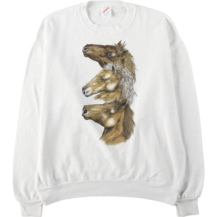 80s-90'S Jerzees Horse Print Animal Sweatshirt, Made in USA, Men's Size L (approx.), Vintage cotton white type Vintage Second Hand