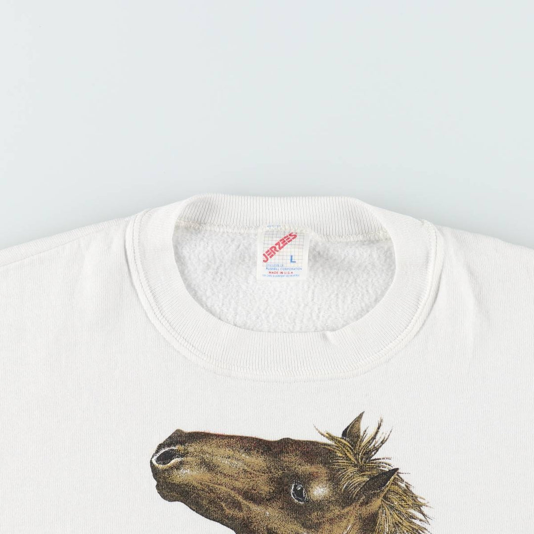 80s-90'S Jerzees Horse Print Animal Sweatshirt, Made in USA, Men's Size L (approx.), Vintage cotton white type Vintage Second Hand