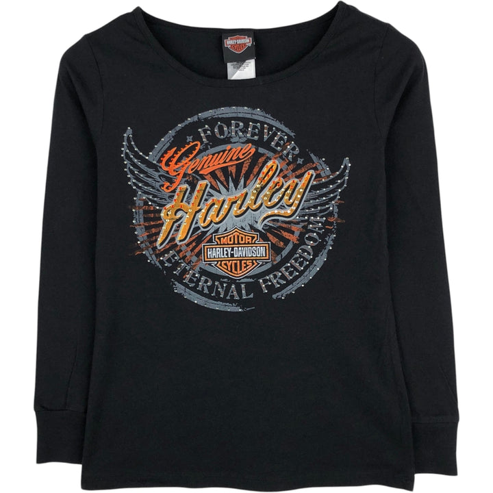 Harley-Davidson Rhinestone Long-Sleeve T-Shirt, Made in USA, Women's Size M (approx.) cotton black type Vintage Second Hand