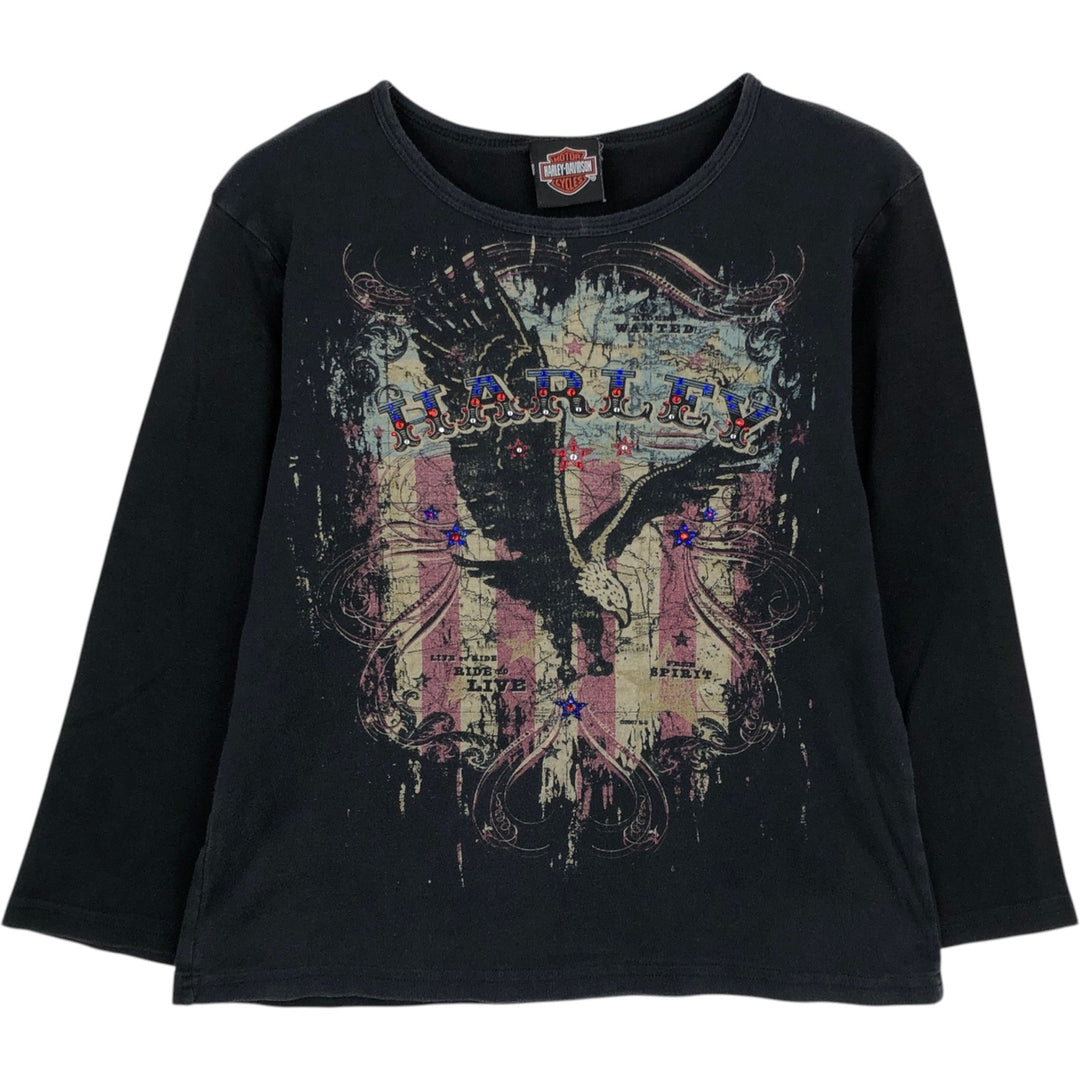 Harley-Davidson Eagle Pattern T-Shirt with Rhinestones, 3/4 Sleeve, Women's Size M (approx.) unclear black type Vintage Second Hand
