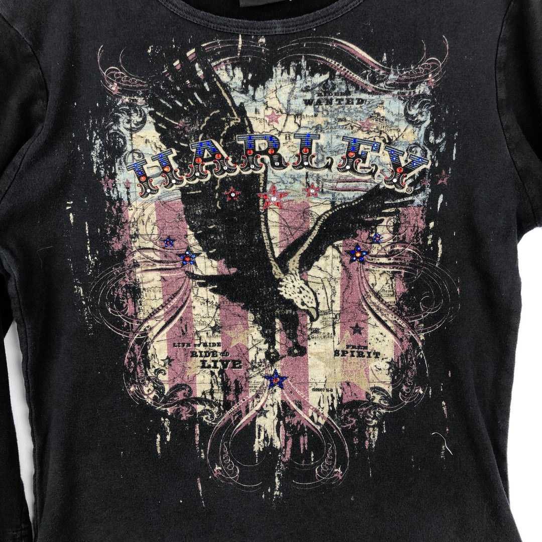 Harley-Davidson Eagle Pattern T-Shirt with Rhinestones, 3/4 Sleeve, Women's Size M (approx.) unclear black type Vintage Second Hand