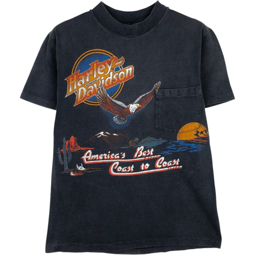 80'S Hanes Blue Tag Eagle Pattern Harley-Davidson Motorcycle T-Shirt, Men's Size S (Equivalent), Vintage cotton Charcoal Vintage Second Hand
