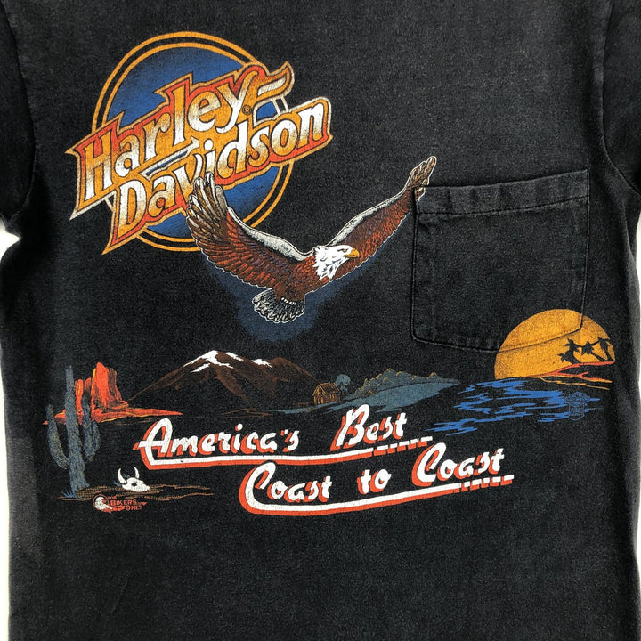 80'S Hanes Blue Tag Eagle Pattern Harley-Davidson Motorcycle T-Shirt, Men's Size S (Equivalent), Vintage cotton Charcoal Vintage Second Hand