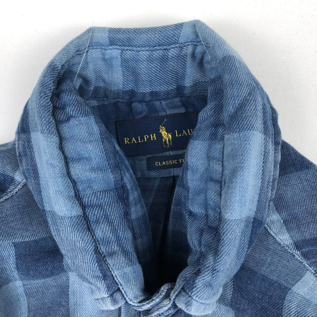 Ralph Lauren CLASSIC FIT Buffalo Check Long-Sleeve Button-Down Check Shirt, Men's Size M (approx.) cotton blue type Vintage Second Hand