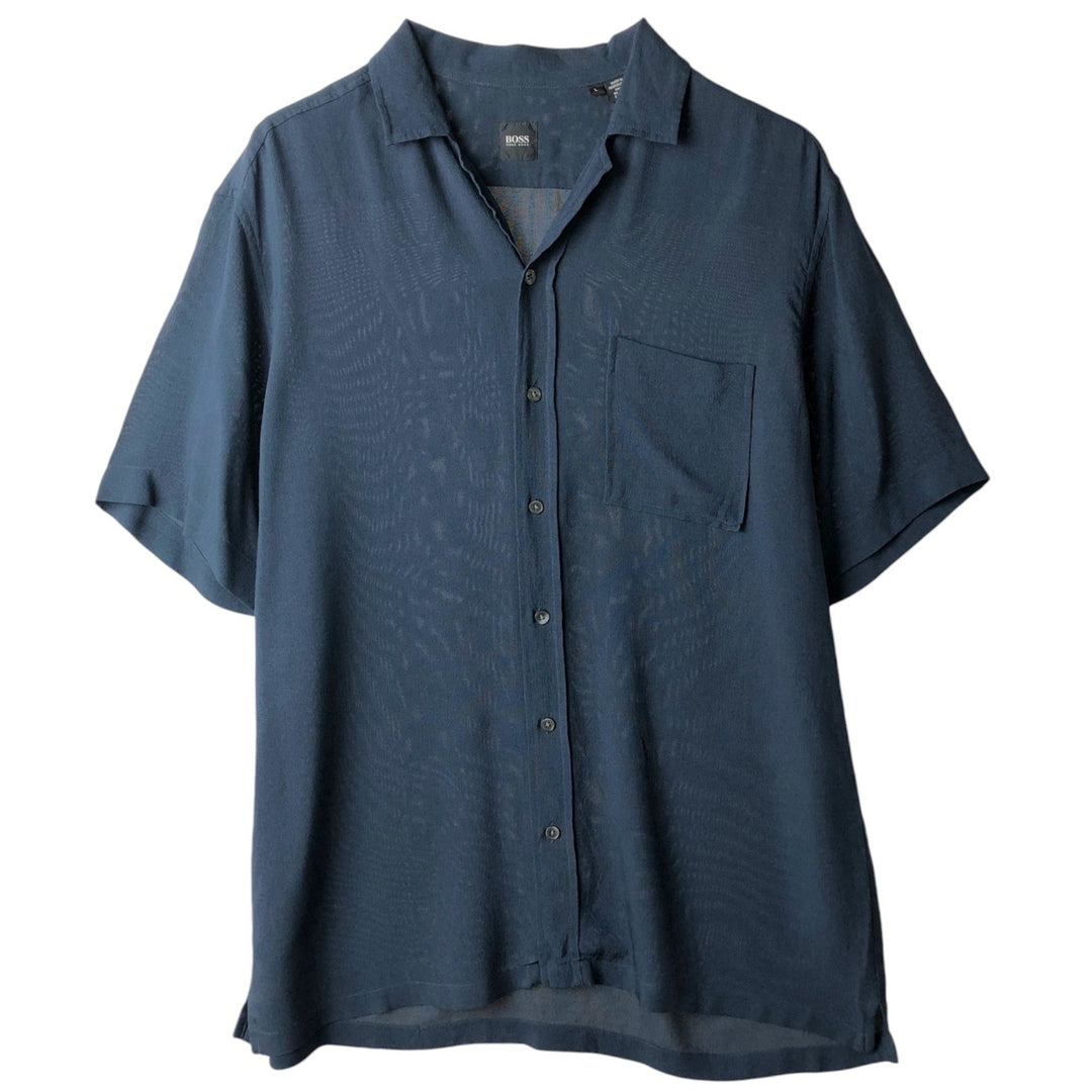 Hugo Boss Short-Sleeve Open-Collar Silk Shirt, Boxy Fit, Men's Size L (approx.) silk navy blue type Vintage Second Hand