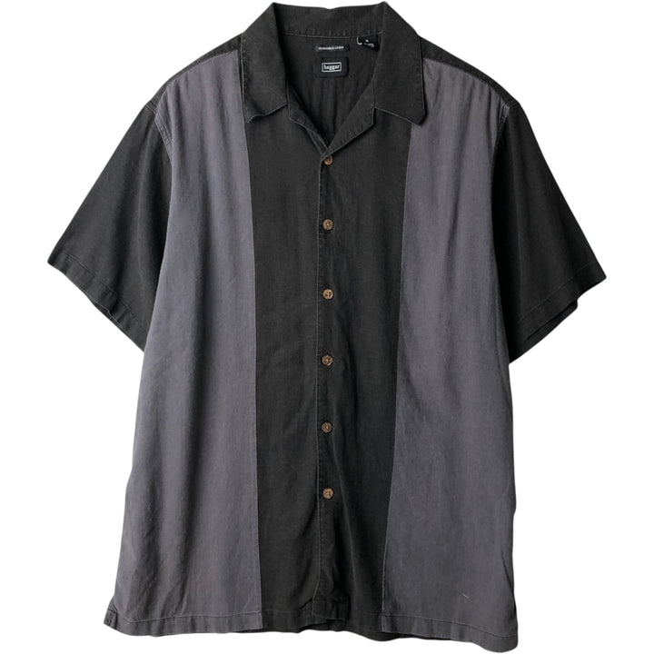 HAGGAR Two-tone short sleeve open collar rayon x linen shirt, box shirt, men's XL size linen black type Vintage Second Hand