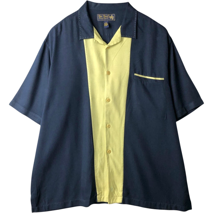 90'S Nat Nast Short-Sleeve Open-Collar Two-Tone Boxy Shirt, Men's Size XL (Vintage) silk navy blue type Vintage Second Hand