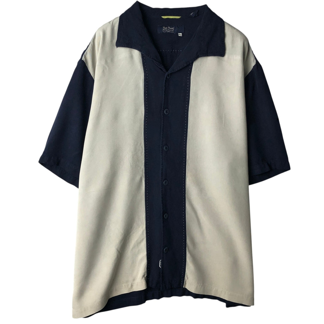 90'S Nat Nast two-tone short-sleeve open-collar silk box shirt, men's size XL, vintage silk navy blue type Vintage Second Hand