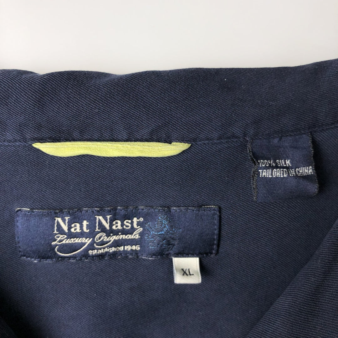 90'S Nat Nast two-tone short-sleeve open-collar silk box shirt, men's size XL, vintage silk navy blue type Vintage Second Hand