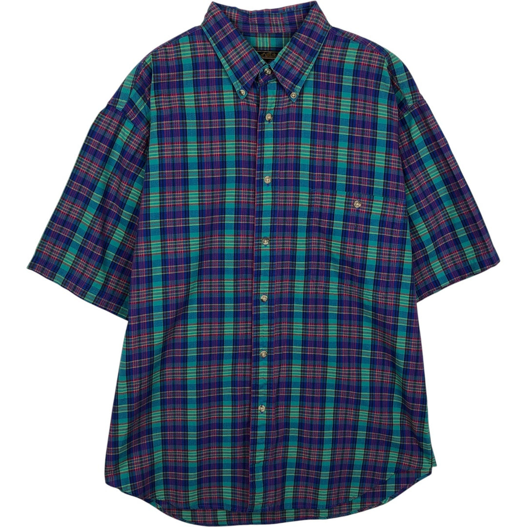 70s-80'S Eddie Bauer Black Tag Short-Sleeve Button-Down Check Shirt, Men's Size L (Equivalent), Vintage cotton blue type Vintage Second Hand